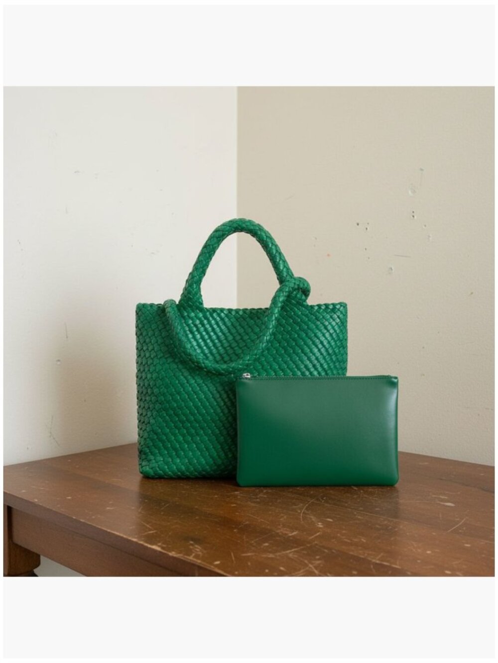 Faux Leather Woven Tote Bag with Wristlet Large Capacity Hobo